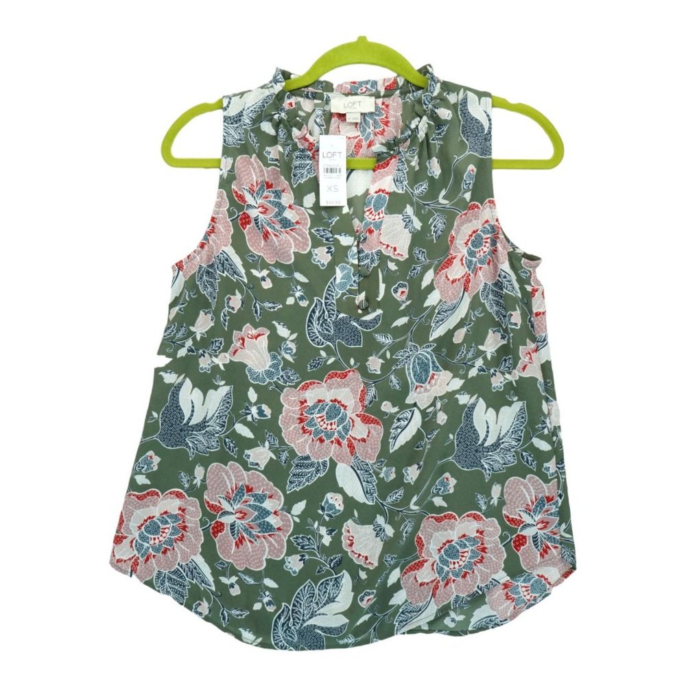 NWT $45 Loft Blouse Womens Size XS Gray Floral Print Business Casual